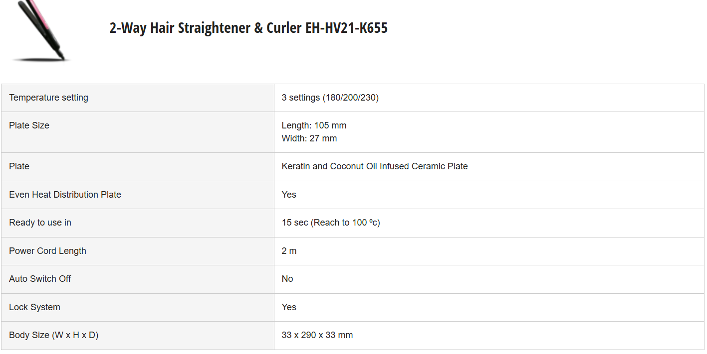 PANASONIC 2 WAY HAIR STRAIGHTENER & CURLER EH-HV21-K655