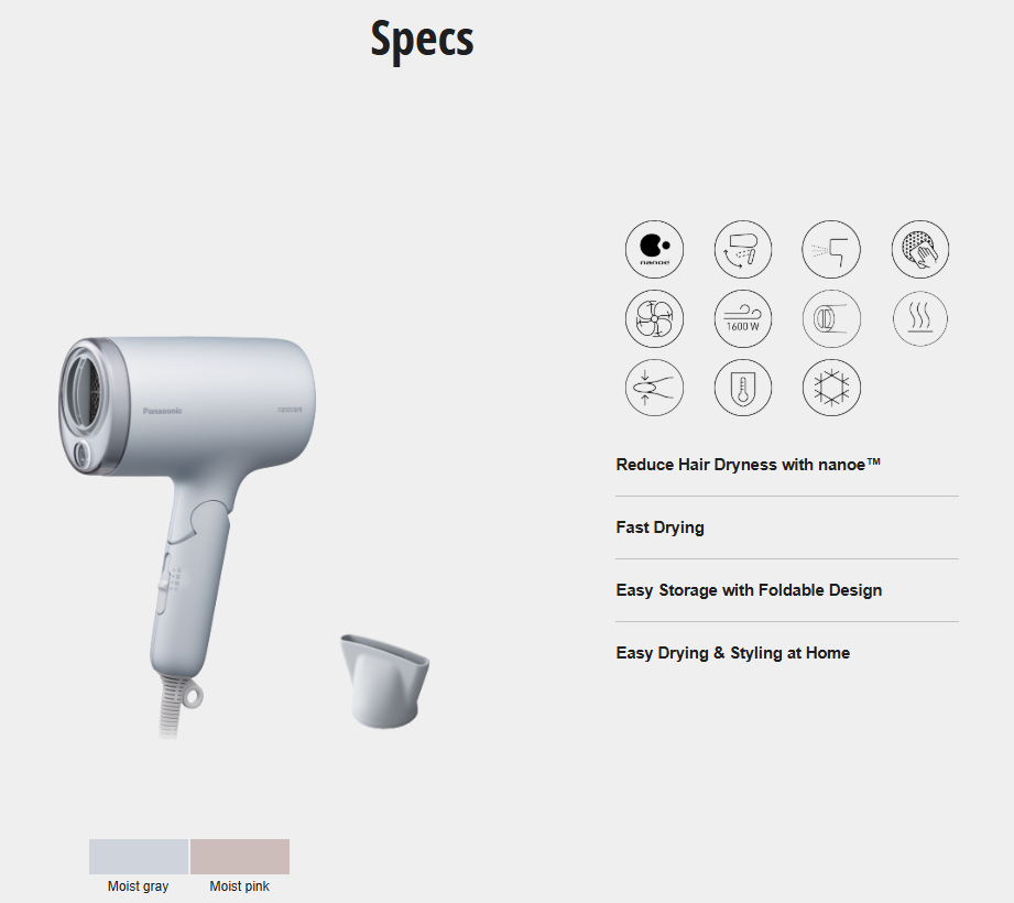 PANASONIC NANOCARE HAIR DRYER 1600W EH-NA7M
