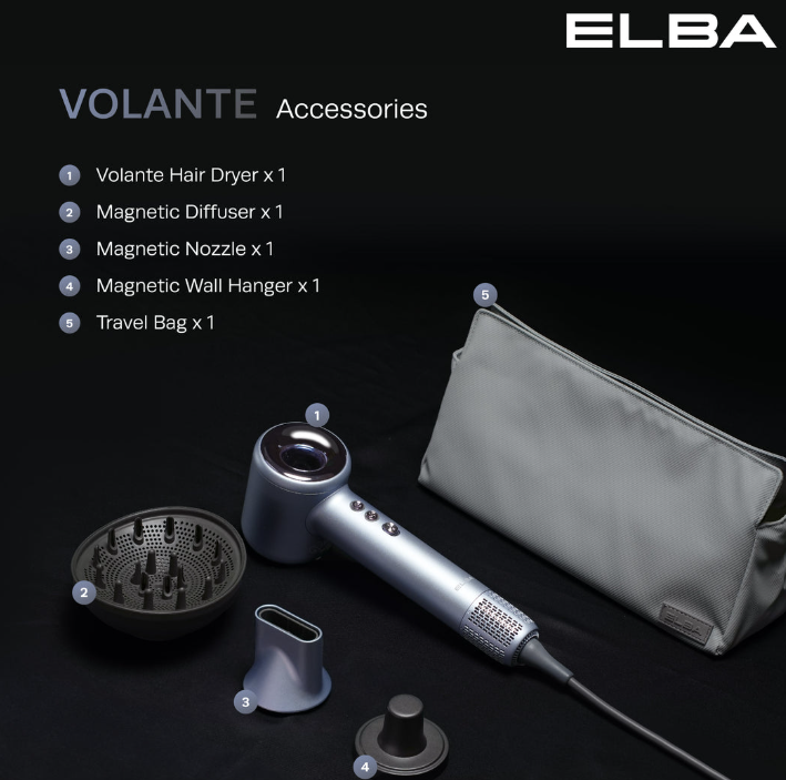 ELBA HAIR DRYER VOLANTE EHD-Q6663DC(SV)  - BLDC MOTOR, SILVER BLUE (1,600W)