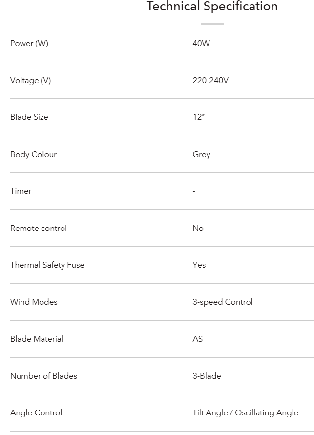 ELBA 12" TABLE FAN ETF-ETF-G1220(GR) - GREY