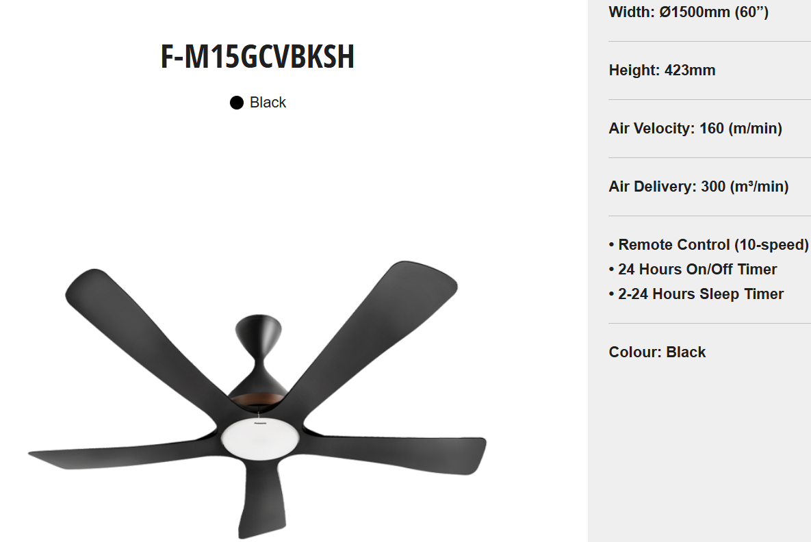 PANASONIC F-M15GCVBKSH - WIFAN Wi-Fi 5 BLADE CEILING FAN WITH LED