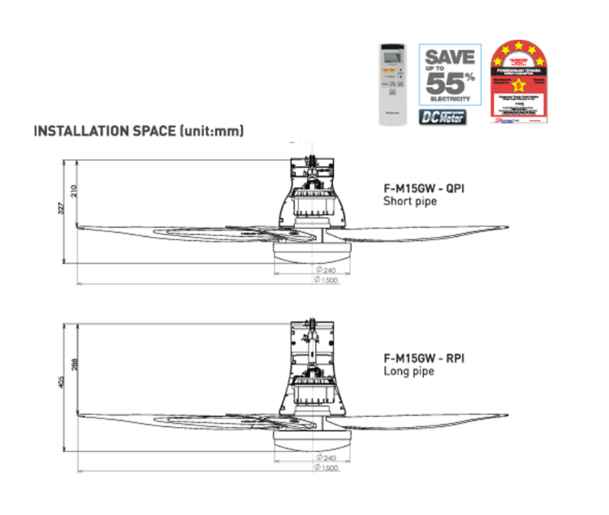 PANASONIC F-M15GWVBSRH (LONG PIPE) -  CEILING FAN (60 INCH) WITH LIGHTS