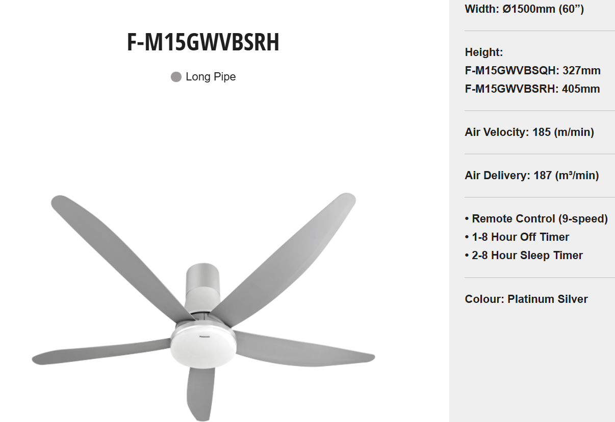 PANASONIC F-M15GWVBSRH (LONG PIPE) -  CEILING FAN (60 INCH) WITH LIGHTS