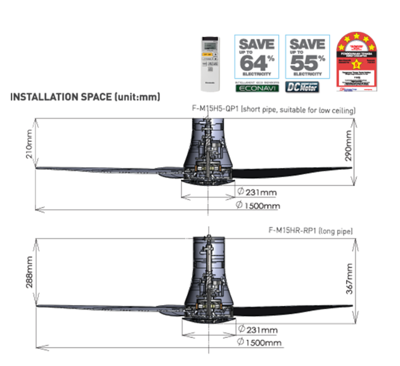PANASONIC F-M15H5VBSRH (LONG PIPE) - CEILING FAN (60 INCH) WITH Econavi