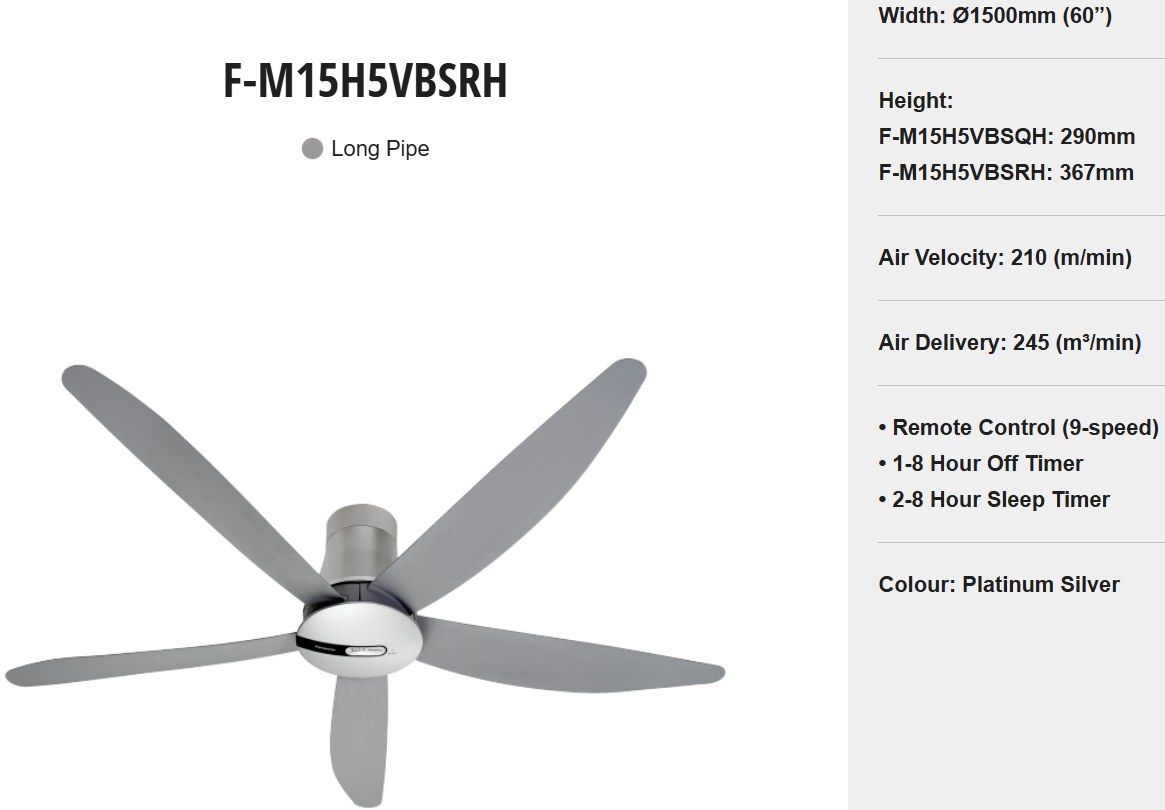 PANASONIC F-M15H5VBSRH (LONG PIPE) - CEILING FAN (60 INCH) WITH Econavi