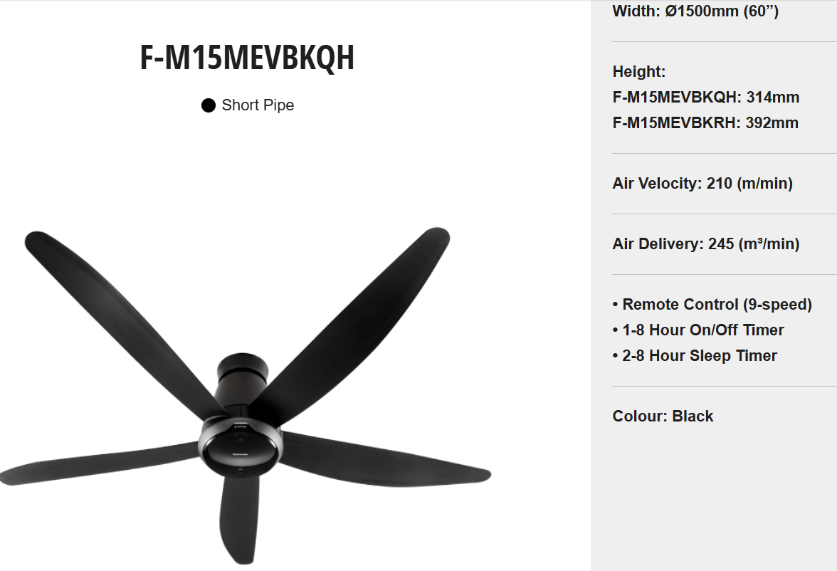 PANASONIC F-M15MEVBKQH (SHORT PIPE) - 5-BLADE CEILING FAN (60 INCH) WITH NANOE™ X
