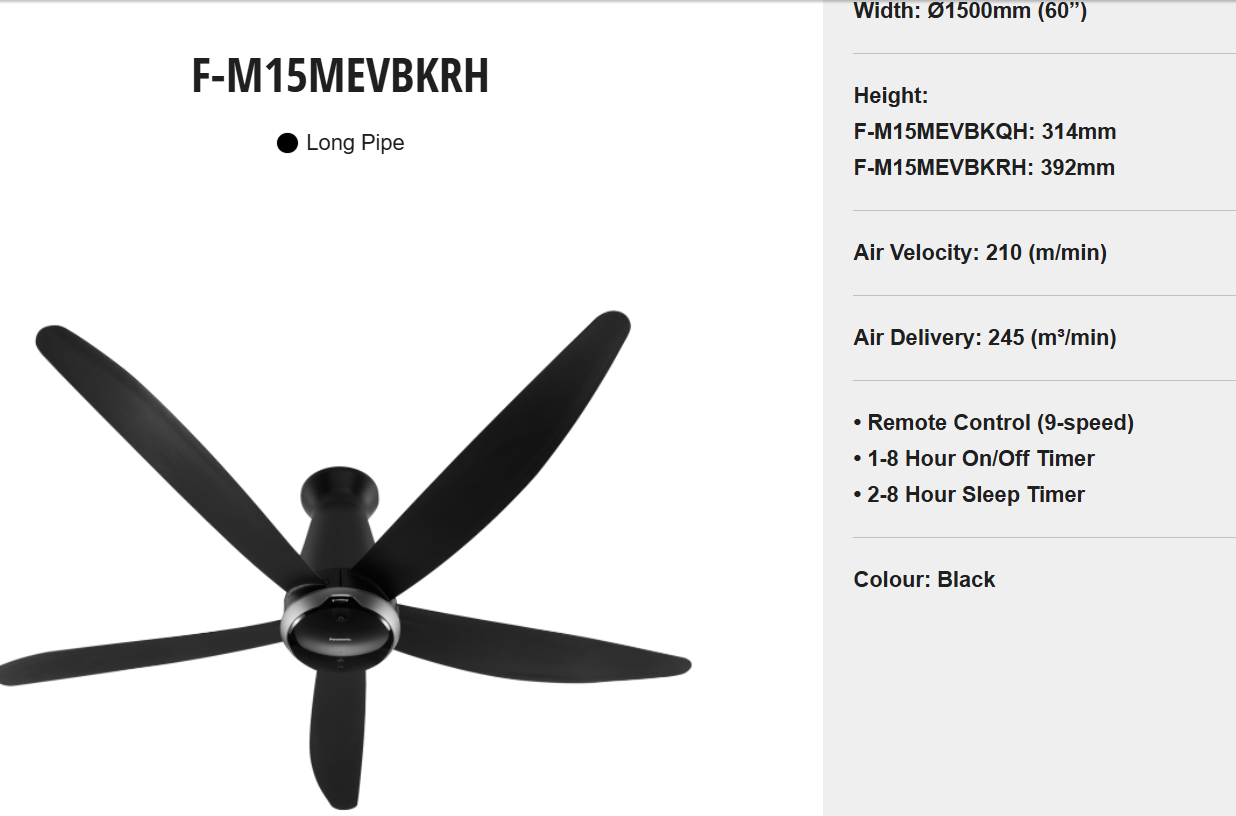 PANASONIC F-M15MEVBKRH (LONG PIPE) - 5-BLADE CEILING FAN (60 INCH) WITH NANOE™ X