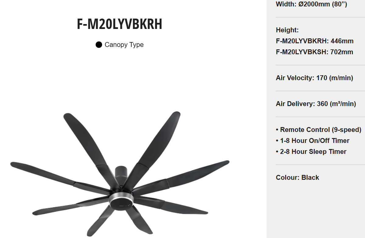 PANASONIC F-M20LYVBKSH (LONG PIPE) - CEILING FAN (80 INCH) 8 BLADE CANOPY