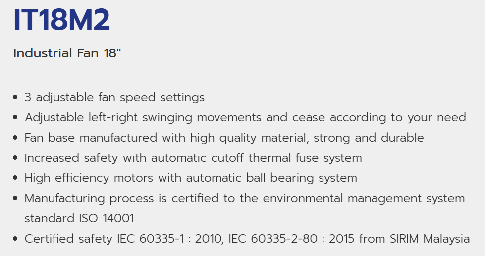 HATARI IT18M2 INDUSTRIAL FLOOR FAN 18 INCH