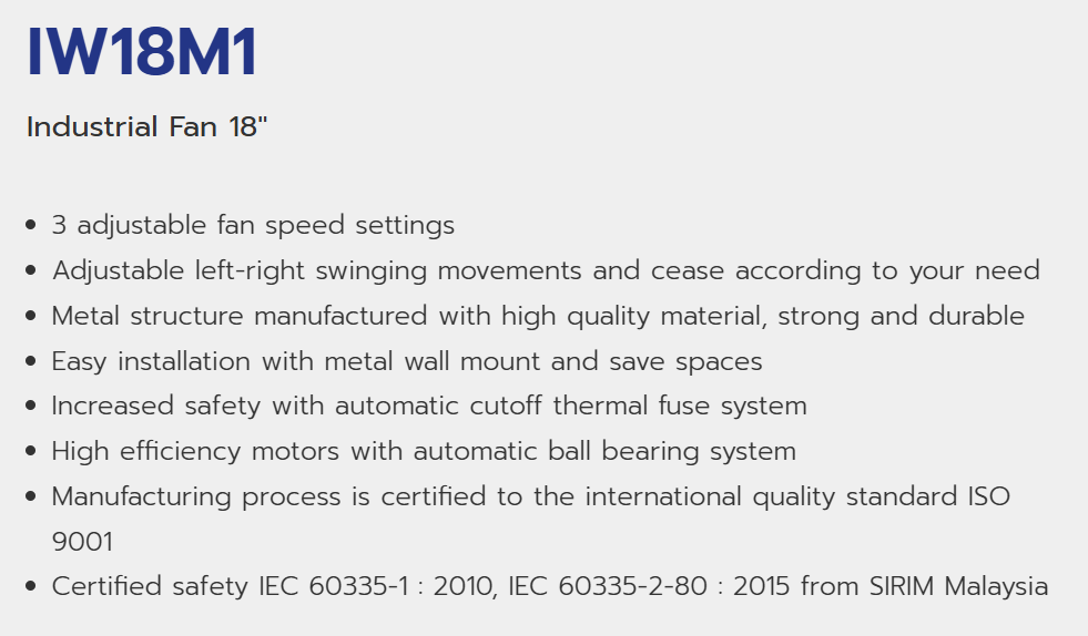 HATARI IW18M1 INDUSTRIAL WALL FAN 18 INCH