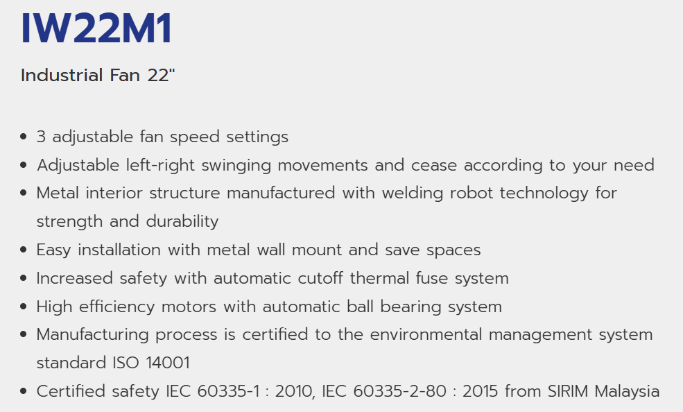 HATARI IW22M1 INDUSTRIAL WALL FAN 22 INCH