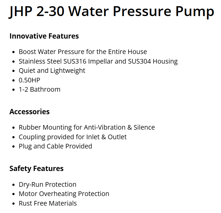 JOVEN JHP 2-30 WATER PRESSURE PUMP 0.5HP 2.8 BAR