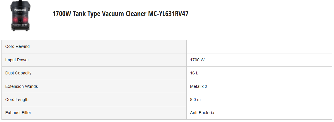 PANASONIC 1600W CYCLONE BAGLESS VACUUM CLEANER MC-CL601AV47