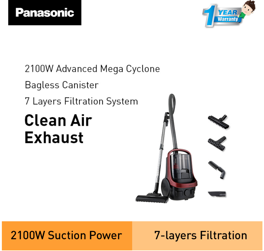 PANASONIC 2100W CYCLONE BAGLESS VACUUM CLEANER WITH HEPA FILTER MC-CL607RV47