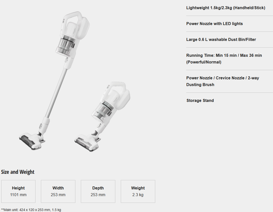 PANASONIC CORDLESS STICK VACUUM CLEANER MC-SBV01W147