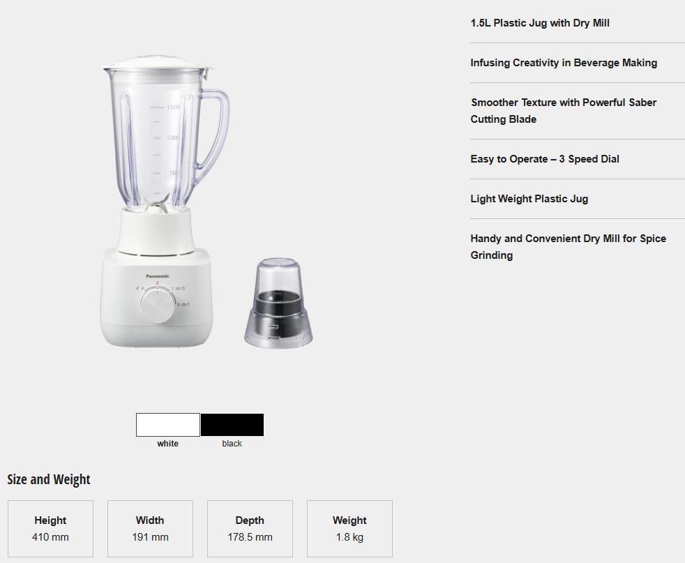 PANASONIC 1.5L PLASTIC JUG BLENDER MX-EP5111 (WHITE) WITH DRY MILL