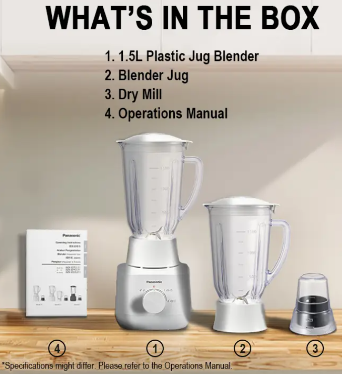 PANASONIC 1.5L BLENDER MX-EP5171 (WHITE) WITH 2 PLASTIC JUGS AND 1 DRY MILL FOR JUICE, SMOOTHIES, SOUP AND SPICES