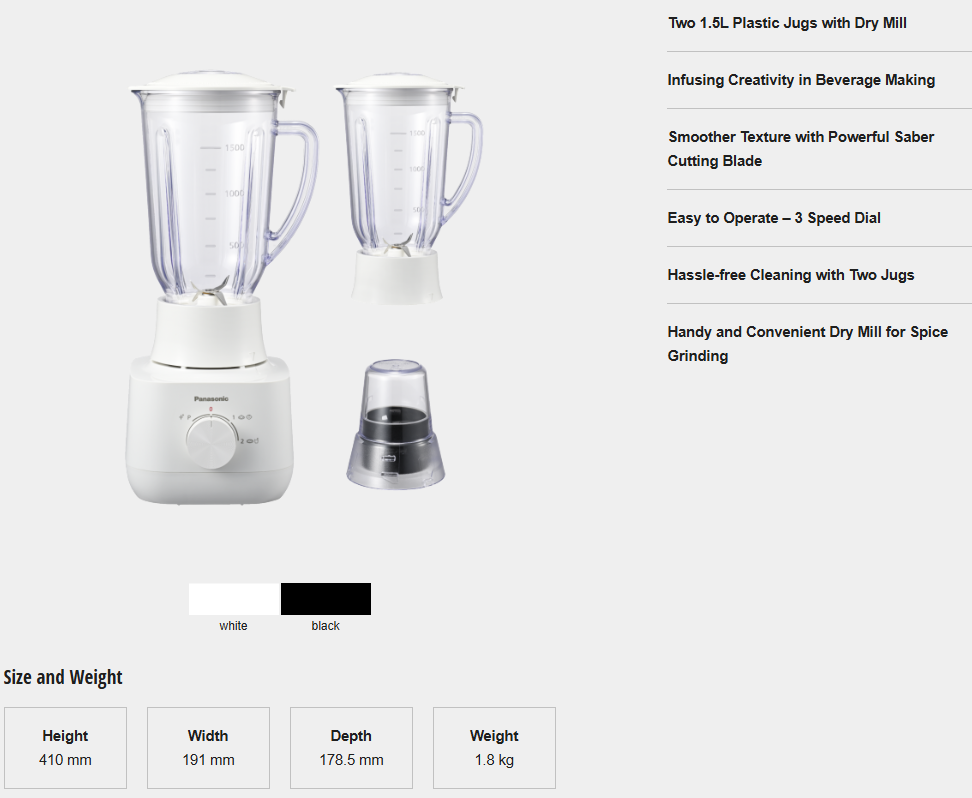 PANASONIC 1.5L BLENDER MX-EP5171 (WHITE) WITH 2 PLASTIC JUGS AND 1 DRY MILL FOR JUICE, SMOOTHIES, SOUP AND SPICES