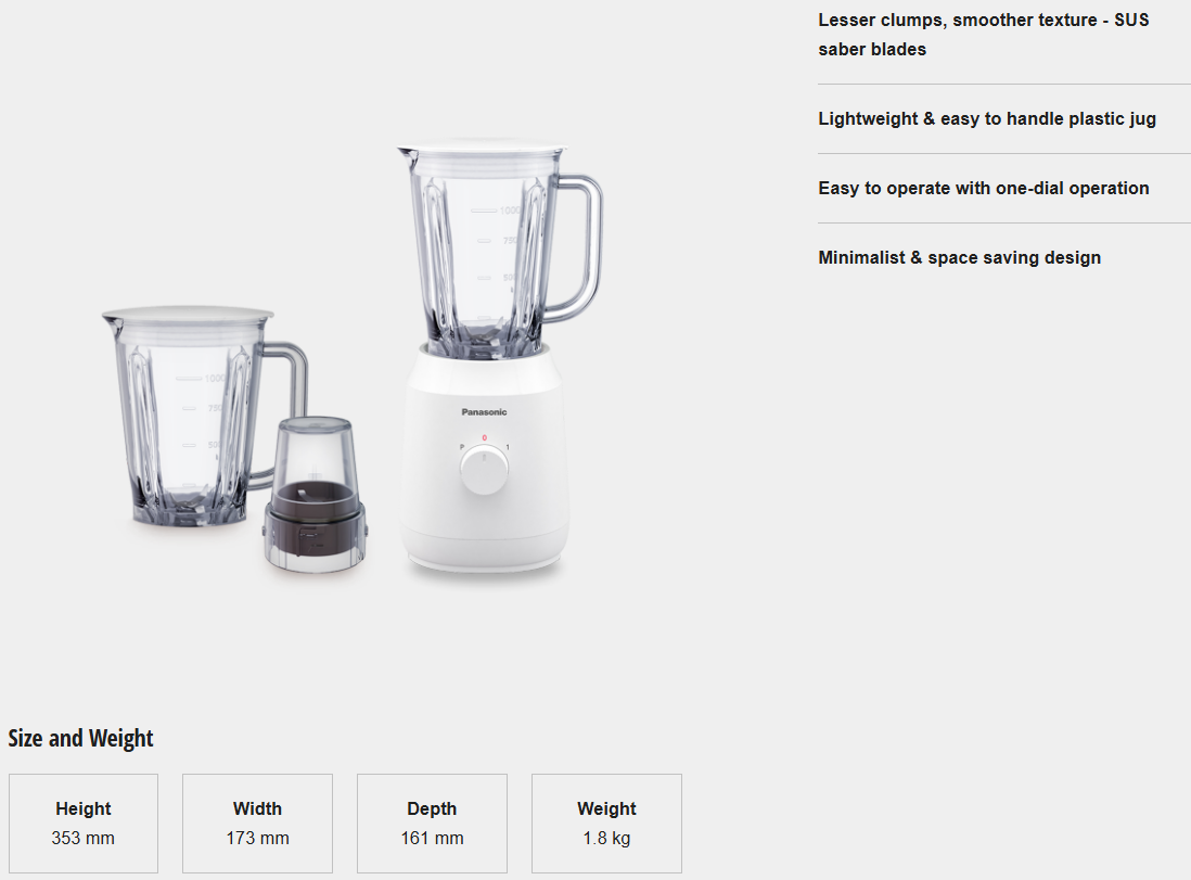 PANASONIC LIGHTWEIGHT 1.0L TWIN JUG BLENDER MX-EX1031WSK