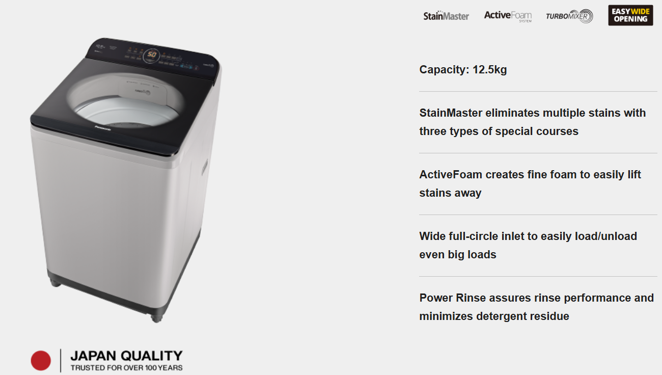 PANASONIC 12.5KG TOP LOAD WASHING MACHINE FOR STAIN CARE NA-F12AR1HRT
