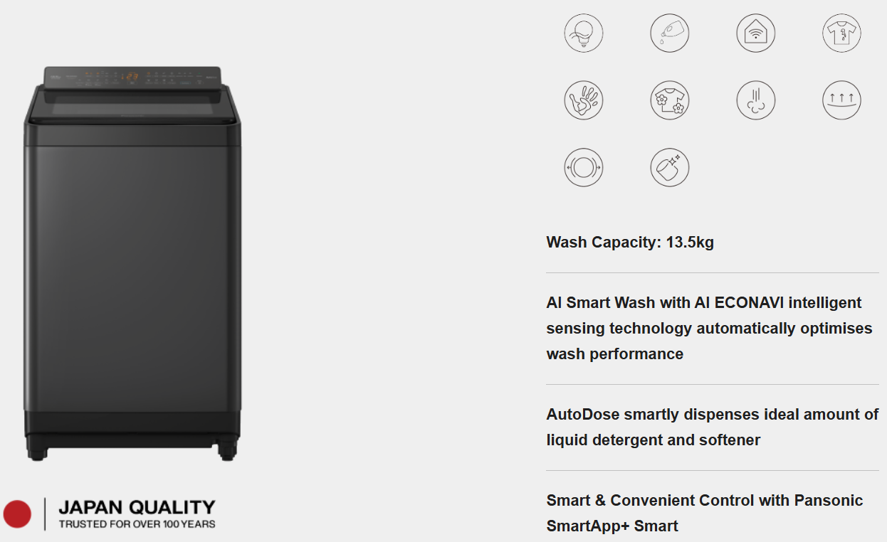 PANASONIC 13.5KG SMART TOP LOAD WASHING MACHINE NA-FD135Z3BT
