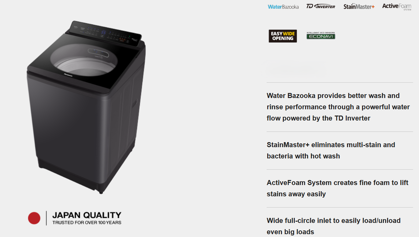 PANASONIC 14.5KG INVERTER & HOT WASH TOP LOAD WASHER NA-FD145V3BT