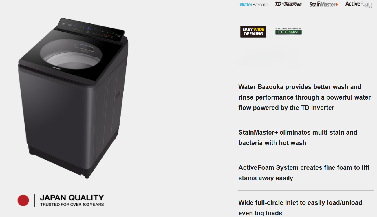 PANASONIC 16.5KG TOP LOAD WASHING MACHINE NA-FD165V3BT