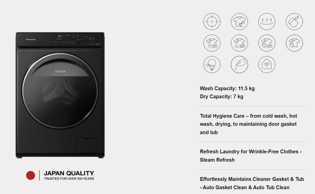 PANASONIC 11.5/7KG FRONT LOAD WASHING MACHINE WITH DRYER NA-S157FW1BM