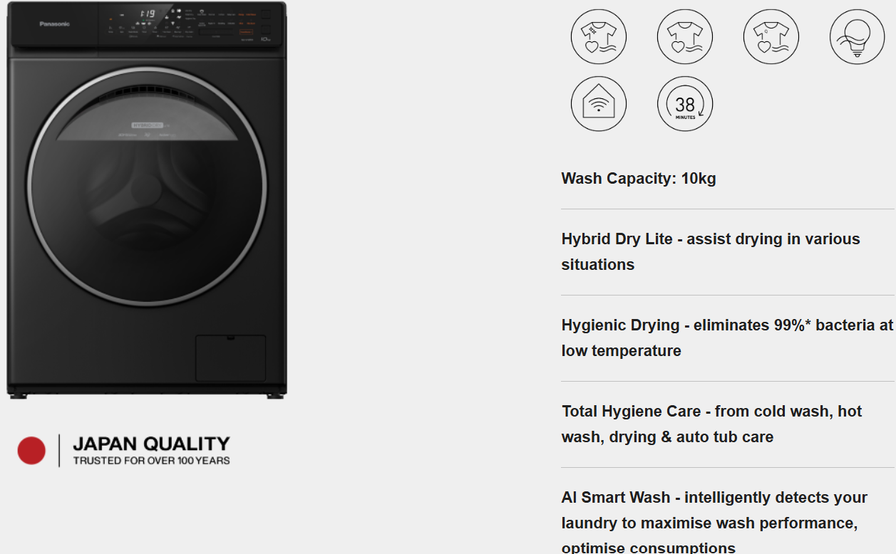 PANASONIC SMART APP+ & HYGIENE Dry ASSIST 10KG FRONT LOAD WASHING MACHINE NA-V10FR1BMY