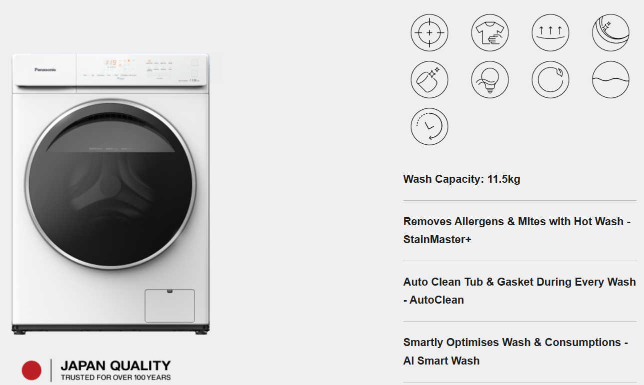 PANASONIC 11.5kg SMART WASH FRONT LOAD WASHING MACHINE NA-V115FA1WM
