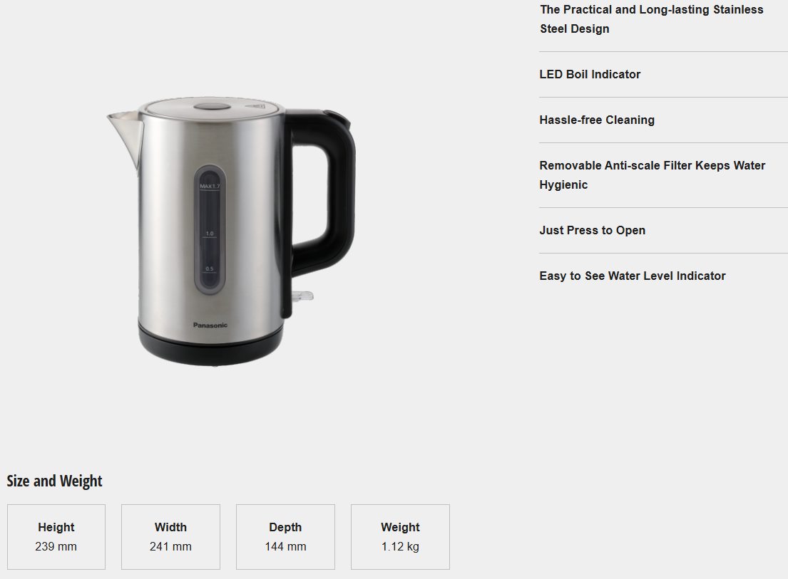 PANASONIC 1.7L ELECTRIC KETTLE NC-K301SSK