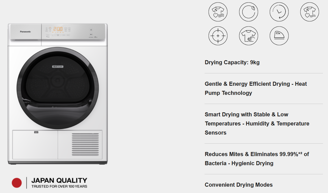 PANASONIC 9KG GENTLE & ENERGY EFFICIENT DRYING HEAT PUMP DRYER NH-EH90JD1WM