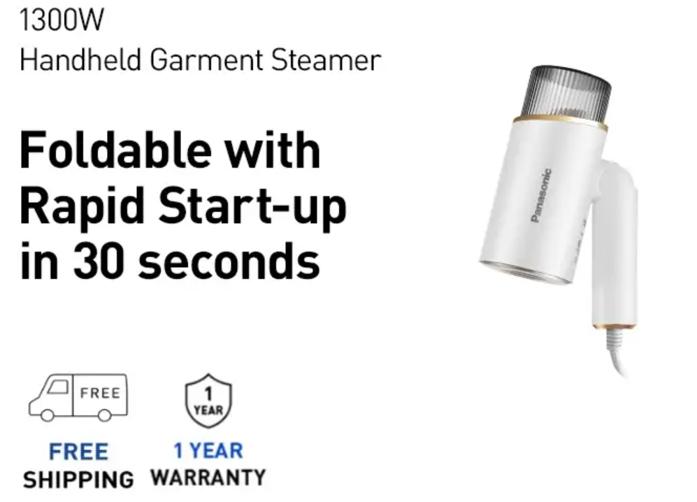 PANASONIC 1300W LIGHTWEIGHT AND FOLDABLE HANDHELD GARMENT STEAMER NI-GHF025WSK