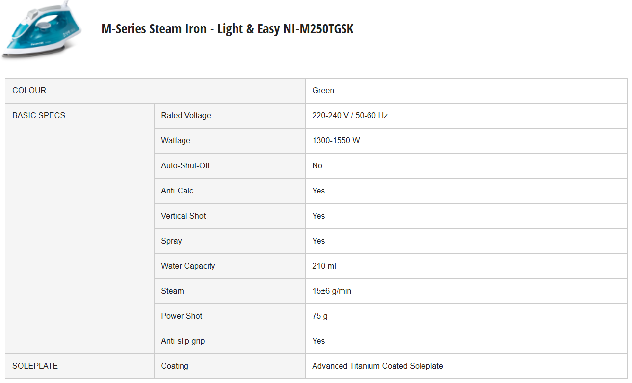 PANASONIC M SERIES STEAM IRON - LIGHT & EASY NI-M250TGSK