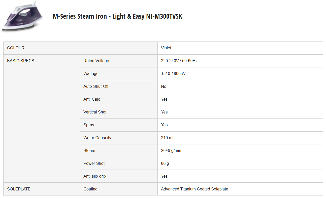PANASONIC M SERIES STEAM IRON - LIGHT & EASY NI-M300TVSK