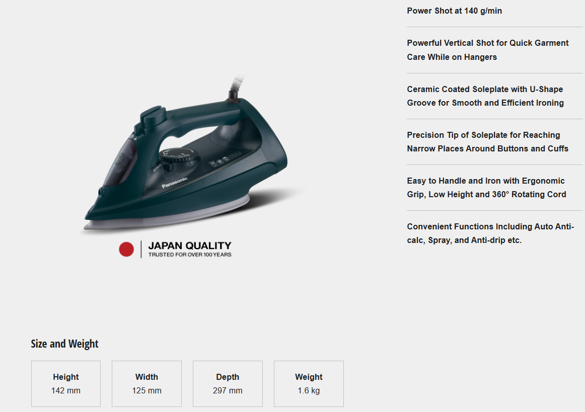 PANASONIC STEAM IRON WITH MAX 2400W POWERFUL STEAM AND BIG SOLEPLATE NI-U450GSK
