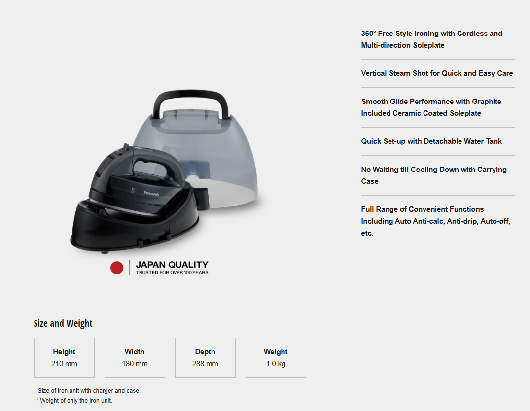 PANASONIC 1800 W CORDLESS STEAM IRON WITH MULTI DIRECTION SOLEPLATE FOR FREE STYLE IRONING NI-WL35PNSK