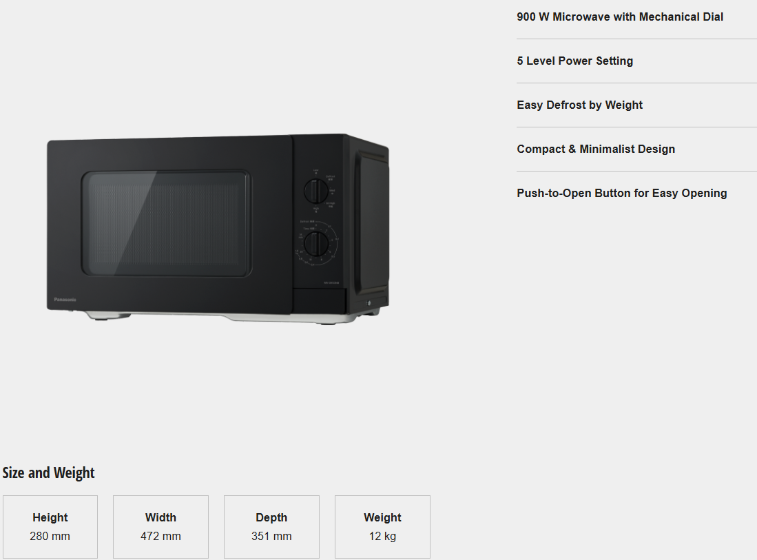 PANASONIC 25L SOLO MICROWAVE OVEN NN-SM33NBMPQ
