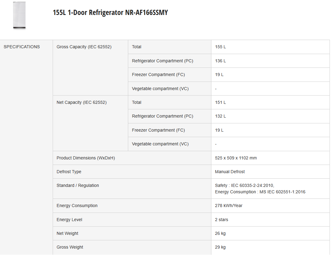 PANASONIC 155L 1-DOOR REFRIGERATOR NR-AF166SSMY