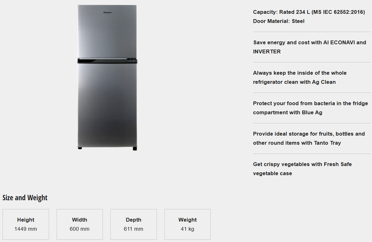 PANASONIC 262L 2 DOOR TOP FREEZER REFRIGERATOR NR-TV261APSM