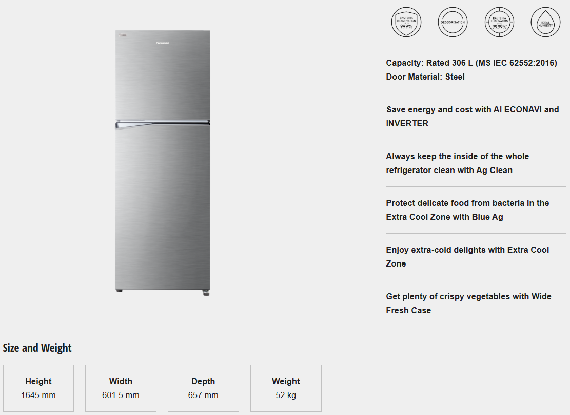 PANASONIC 325L 2 DOOR TOP FREEZER REFRIGERATOR NR-TV341BPSM