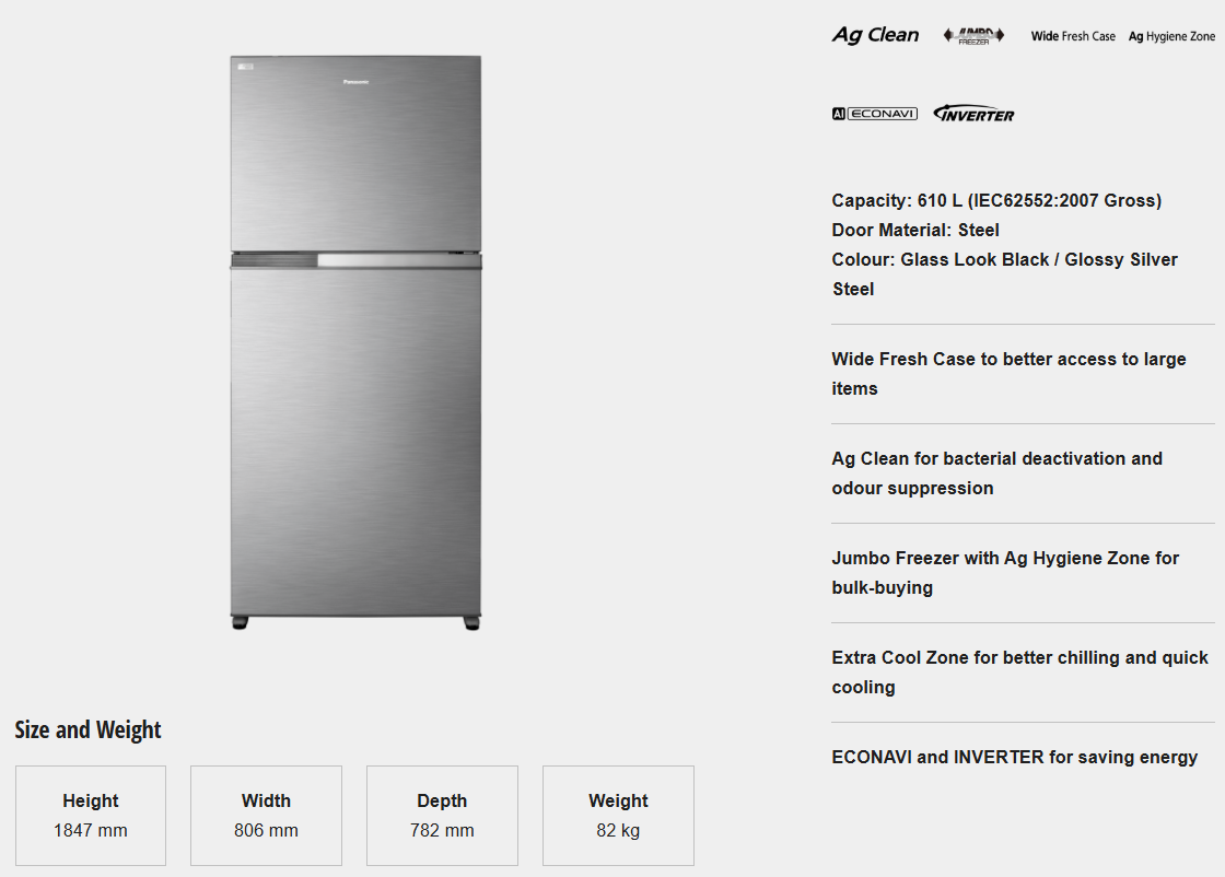 PANASONIC 610L INVERTER 2 DOOR REFRIGERATOR NR-TZ601BPSM