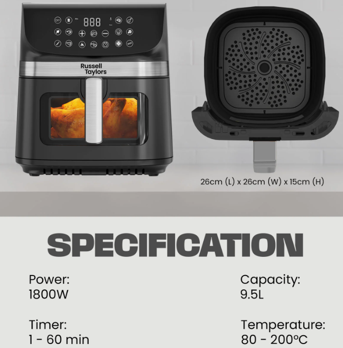 RUSSELL TAYLORS 3D VISIBLE WINDOW DIGITAL AIR FRYER XXL (9.5L) Z9