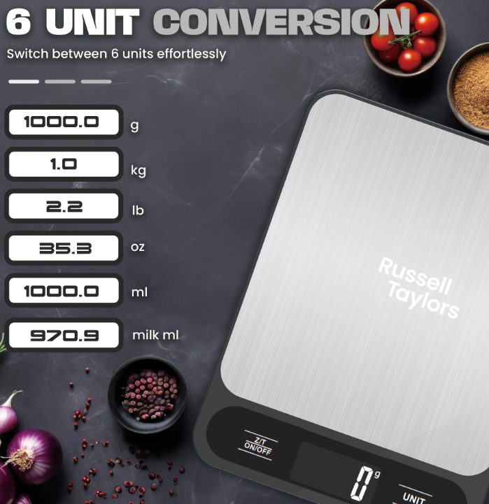RUSSELL TAYLORS STAINLESS STEEL KITCHEN SCALE (10KG-1G) KS-20