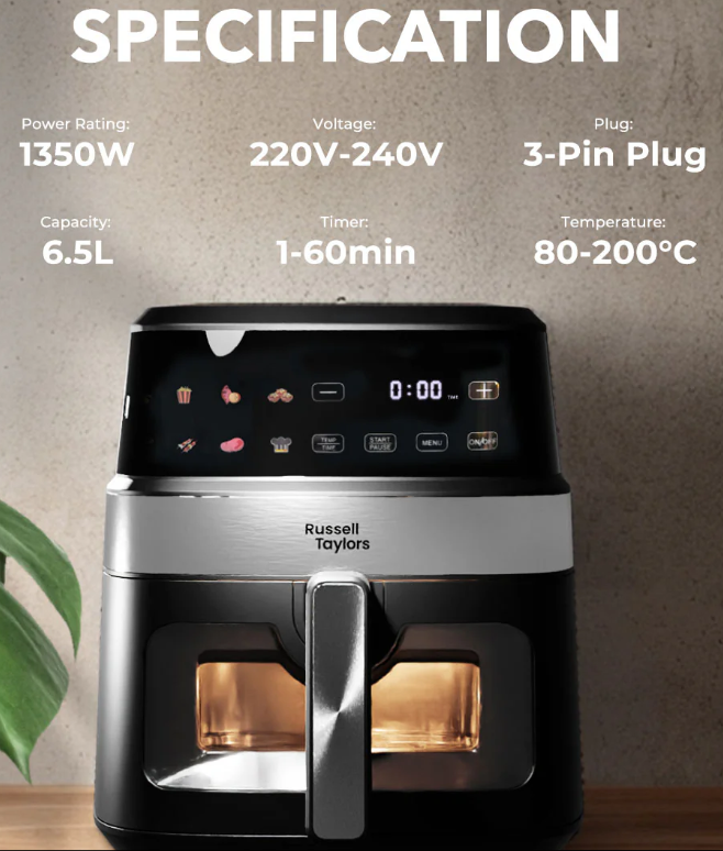 RUSSELL TAYLORS VISIBLE WINDOW DIGITAL AIR FRYER (6.5L) Z7