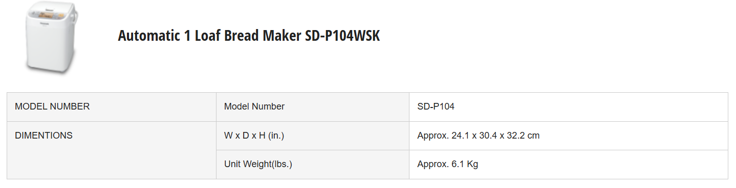 PANASONIC AUTOMATIC 1 LOAF BREAD MAKER SD-P104WSK