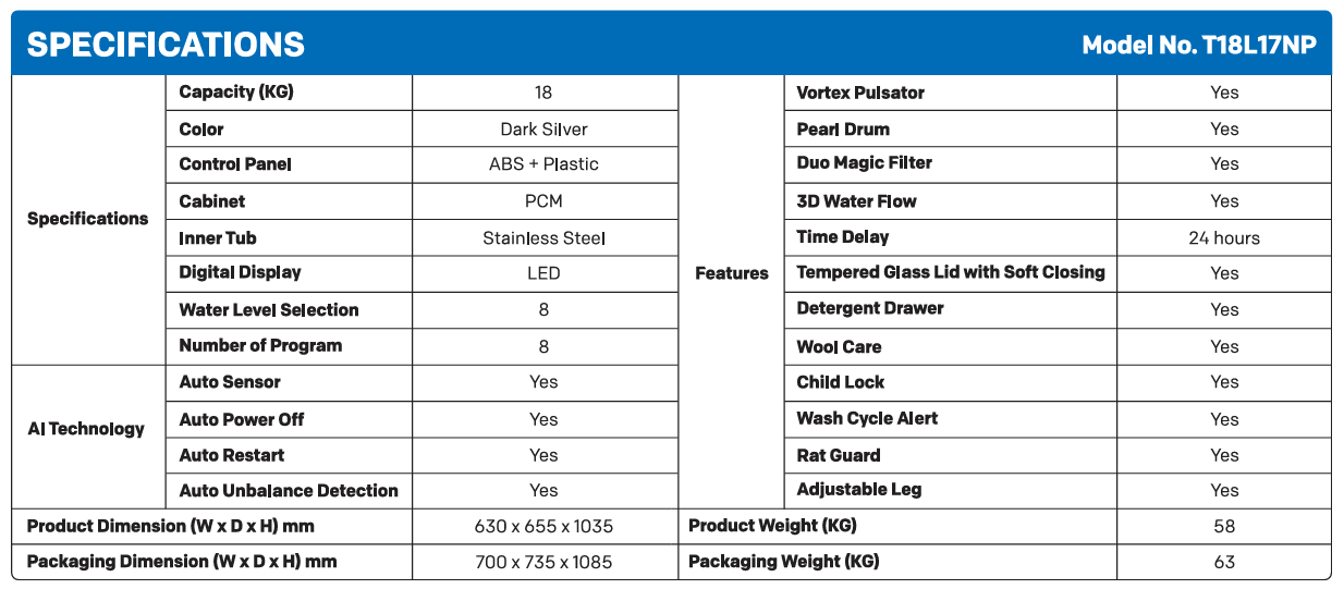 SKYWORTH TOP LOAD WASHER T18L17NP