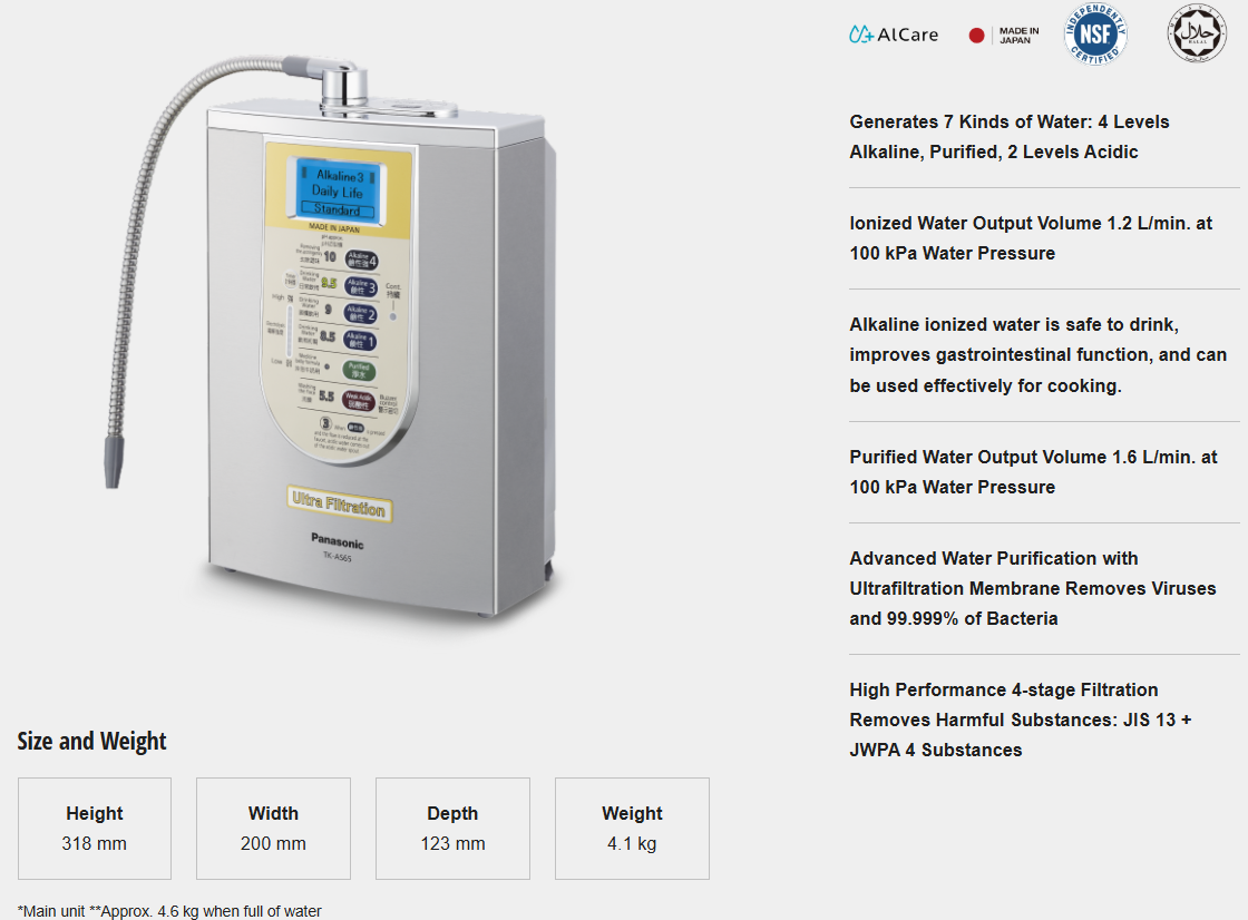 PANASONIC ULTRA FILTRATION WATER ALKALINE IONIZER TK-AS65-ZMA